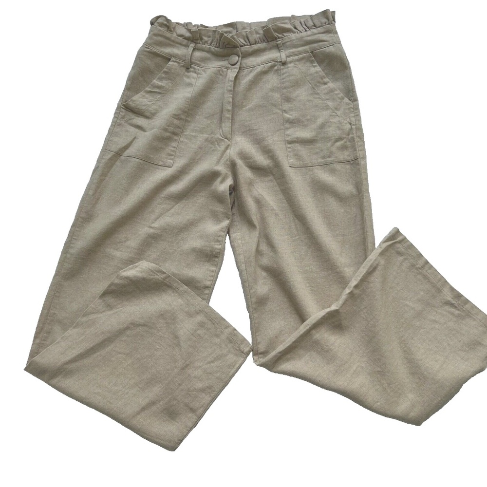 Mirage Pants Linen Blend Paper Bag Waist Wide Leg Beige Pockets